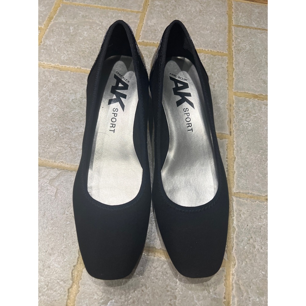 Anne Klein AK Sport Black Wedge Heels Square Toe Patent Trim Pumps Size 8.5